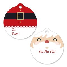 two christmas tags with santa's face on them