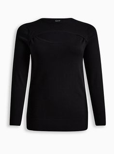 FIT Measures 30” from shoulder (size 2). MATERIALS + CARE Rayon yarn knit fabric. . 70% rayon, 30% nylon jersey. . Machine wash cold. Line dry. . Imported. DETAILS Crew neckline. . Long sleeves. . Chest cutout. . The best plus size women's pullover fitted sweater sweaters in black made of sexyyarn. Torrid is your destination for cozy fall and winter clothes to keep you warm and comfortable. Chambray Jacket, Black Plus Size, Tight Sweater, Cold Shoulder Long Sleeve, Black Hot Pink, Key Hole, Fitted Sweater, Sweater Black, Short Sleeve Blouse