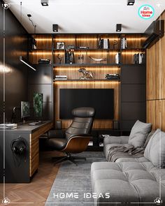 a living room filled with furniture and bookshelves next to a tv on top of a wooden shelf