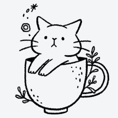 a black and white drawing of a cat in a cup