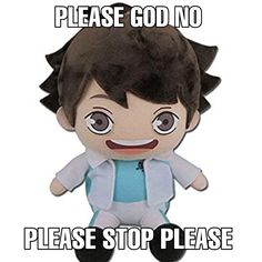 a stuffed animal that says please god no, please stop please with an image of the character