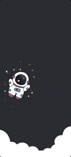 an astronaut floating in the sky on top of a black background with stars and clouds