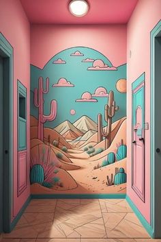 an empty hallway painted in pink and blue with cactus designs on the walls, along with two doors leading to another room