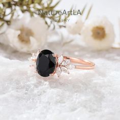 Oval Cut Black Onyx Engagement Ring Unique Marquise Moissanite Cluster Wedding Ring Rose Gold Bridal Promise Ring Anniversary Gift for Her - Etsy Black Jewelry For Anniversary, Black Diamond Ring With Accent Stones, Black Oval Diamond Ring For Anniversary, Black Jewelry With Center Stone For Anniversary, Black Oval Center Stone Jewelry, Black Oval Jewelry With Center Stone, Black Oval Cluster Ring For Anniversary, Elegant Black Cluster Ring For Promise, Elegant Black Cluster Ring As A Gift