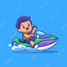 a cartoon boy riding on a jet ski in the water with his hand up to his face