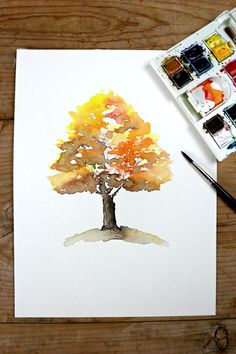 a watercolor painting of a tree with oranges and yellows