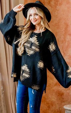 Holy CUTENESS!😍 Everyone’s favorite sweater is now available in a new sparkly festive print, and it is GORGEOUS! Featuring a chic black background with Aztec print in a shimmery metallic gold, this cozy sweater is made of a warm chunky knit, with trendy puffy sleeves and a beautiful flattering fit! Looks fabulous paired with denim skinnies, black leather leggings or flares for a fun & fabulous winter outfit! Relaxed, loose fit. If in between, choose your smaller size. S/M 6-10 M/L 12-16 Poly/sp Fall Black Jacquard Knit Sweater, Black Jacquard Knit Sweater For Fall, Chic Gold Winter Sweater, Black Jacquard Knit Tops For Fall, Chic Gold Long Sleeve Sweater, Black Holiday Sweater For Winter, Chic Gold Sweater For Fall, Cozy Black Jacquard Knit Sweater, Black Sweater For Fall Parties