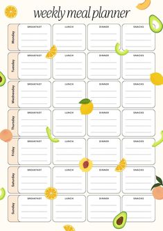 a printable meal planner with oranges and avocado on the side,