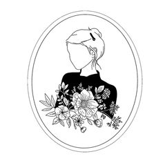 a black and white drawing of a woman with flowers on her head in a circle