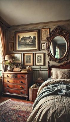 a bed room with a neatly made bed and lots of pictures on the wall above it