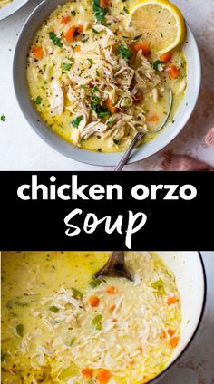 chicken orzo soup in a bowl with lemons and parsley on the side