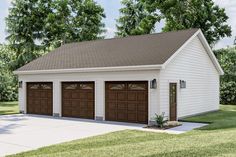 a two car garage with three windows on the side