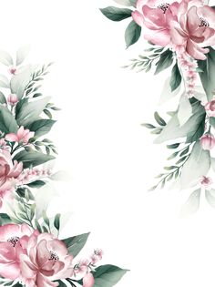 a floral background with pink flowers and green leaves on the bottom half of the frame