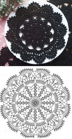 two plates with crocheted doily designs on them, one is black and the other white