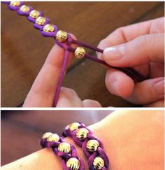 two pictures showing how to make beaded bracelets with purple thread and gold beads