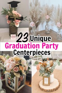 graduation party centerpieces with flowers and pictures