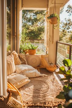 Cozy small apartment balcony ideas with woven textures, cushions, and hanging plants, bathed in warm sunlight. Smart Balcony Ideas, Balcony Low Seating Ideas, Multifunctional Balcony, Small Balcony Hammock, Small Balcony Meditation Space, Space Saving Apartment, Maximize Small Space, House Balcony Design