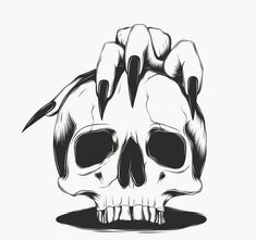 a black and white drawing of a human skull with claws on it's head