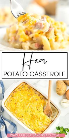 an image of ham and potato casserole with text overlay