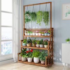 a wooden shelf filled with potted plants next to a window