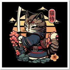 Show your love for Japanese art, samurai ninja kitten warriors and cats with this Samurai Ninja Cat illustration for women, men teens and kids.The stunning graphic in vintage Japanese samurai style, shows a Japanese cat with a sword of the samurai surrounded by leaves, flowers, volcanoes and the Japanese lettering - Samurai Cat. -- Choose from our vast selection of art prints and posters to match with your desired size to make the perfect print or poster. Pick your favorite: Movies, TV Shows, Ar Modern Day Ninja Wallpaper, Ninja Dog Art, Samurai Cat Tattoo, Cat Tat, Ninja Cats, Japanese Drawings, Japanese Cat, Cat Posters, Anime Cat