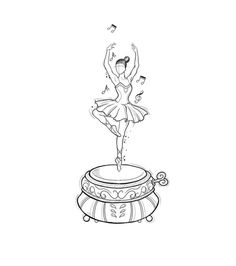 a drawing of a ballerina on top of a pot with music notes flying around