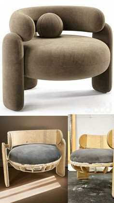 an unusual chair made out of wood and fabric is shown in three different angles, including the