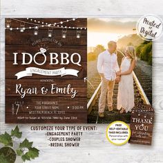 an image of a wedding card with the words i do bbq and two people standing on