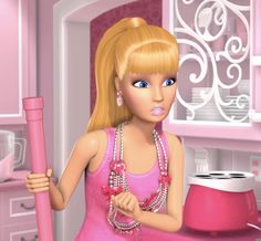 a barbie doll holding a pink umbrella in her hand and standing next to a kitchen