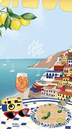 an image of a table with food and drinks on it next to the ocean in italy