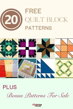 the book cover for 20 free quilt block patterns, featuring different designs and colors on it