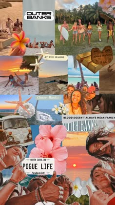 collage of photos with people and flowers on the beach, including an old vw bus