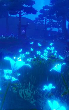 an animated scene with blue lights in the grass and flowers growing out of it's ground