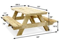 a wooden picnic table with measurements for it