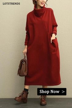 Women Casual High Neck Thicken Knitted Winter Maxi Dresses Winter Long Sleeve Stretch Dress In Solid Color, Stretch Long Sleeve Dress For Winter, Winter Stretch Long Sleeve Dress, Long Sleeve Red Winter Dress, Casual Solid Long Sleeve Dress For Winter, Casual Long Sleeve Dress For Winter, Casual Long Sleeve Dress For Fall, Casual Red Long Sleeve Dress For Spring, Casual Long Sleeve Cotton Dress For Fall