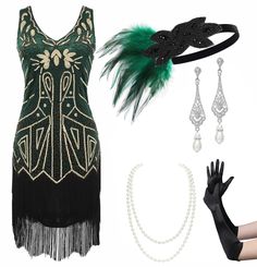 PRICES MAY VARY. Package Includes: Flapper dress * 1pc and one flapper set (including Headband * 1pc; Necklace * 1pc; Gloves * 1 pair; Earrings * 1 pair; Plastic Holder * 1pc.) Material: This 20's gatsby dress is made of Polyester fabric and soft fringe, beads & sequins. Size: Please refer to the “Dress Size Chart” on the last image for your best fit before purchasing. Headband is one size with elastic or ribbon band; Necklace length-55"; Gloves length-21.6"; Plastic holder length-12.9". Design: Elaborate Embroidery, Christmas Dancing, Great Gatsby Dress, 20s Dress, Fringe Accessories, Art Deco Party, Great Gatsby Dresses, Flapper Dresses, Fringe Flapper Dress