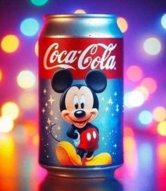 a can of coca - cola with mickey mouse on it's face and lights in the background