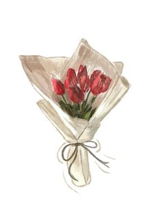 a bouquet of red tulips wrapped in white paper