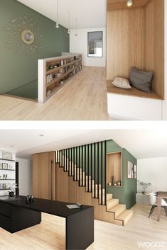 two pictures of a living room and dining area with stairs leading up to the second floor