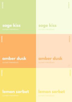 four different colored squares with the words lemon sorbet and sage kiss