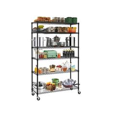 four tiered shelving unit with various foods and drinks on it's wheels