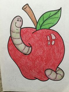 a drawing of an apple with a worm on it