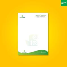 a white and green letterhead on a yellow background