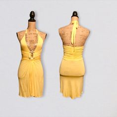 Yellow Halter Top Dress With Gold Straps And A Diamond Rhinestone Oval Waist Embedded Pendant. Yellow Halter Top, Black Sparkly Dress, Sequence Dress, Handkerchief Dress, Halter Top Dresses, Full Length Dress, Dresses Backless, Sparkly Dress, 80 Dress