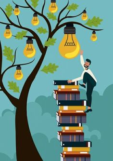 a man climbing up the side of a tree with books on it and lightbulbs above him