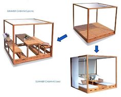 three different views of a wooden house with furniture inside and outside, including an open window