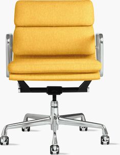 an office chair with yellow upholstered fabric on the back and chrome base, viewed from the front