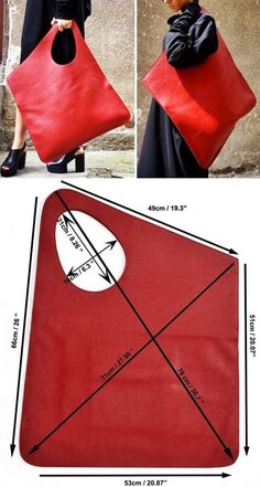 an image of a woman carrying a red bag with the measurements and measurements for it