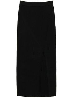 black ribbed knit front slit elasticated waistband straight hem mid-length Midi Skirt Black, Knit Midi Skirt, Yoko London, Wardrobe Edit, Black Midi Skirt, Straight Skirt, Boots Fall, Knit Midi, Exclusive Fashion