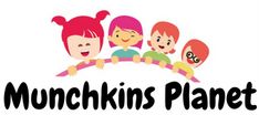 the munchkins planet logo is shown in black and white with children's faces painted on it